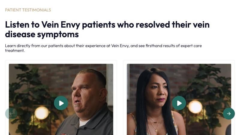 Vein Envy’s website testimonials page, “Listen to Vein Envy patients who resolved their vein disease symptoms”, above two patient films.