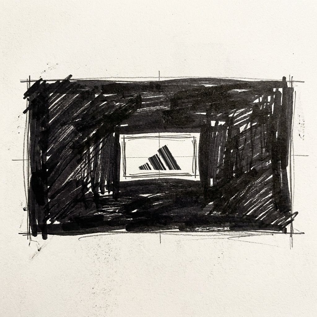 Storyboard sketch of the end card: the adidas three-bar mark in marker, centred in a dark frame.