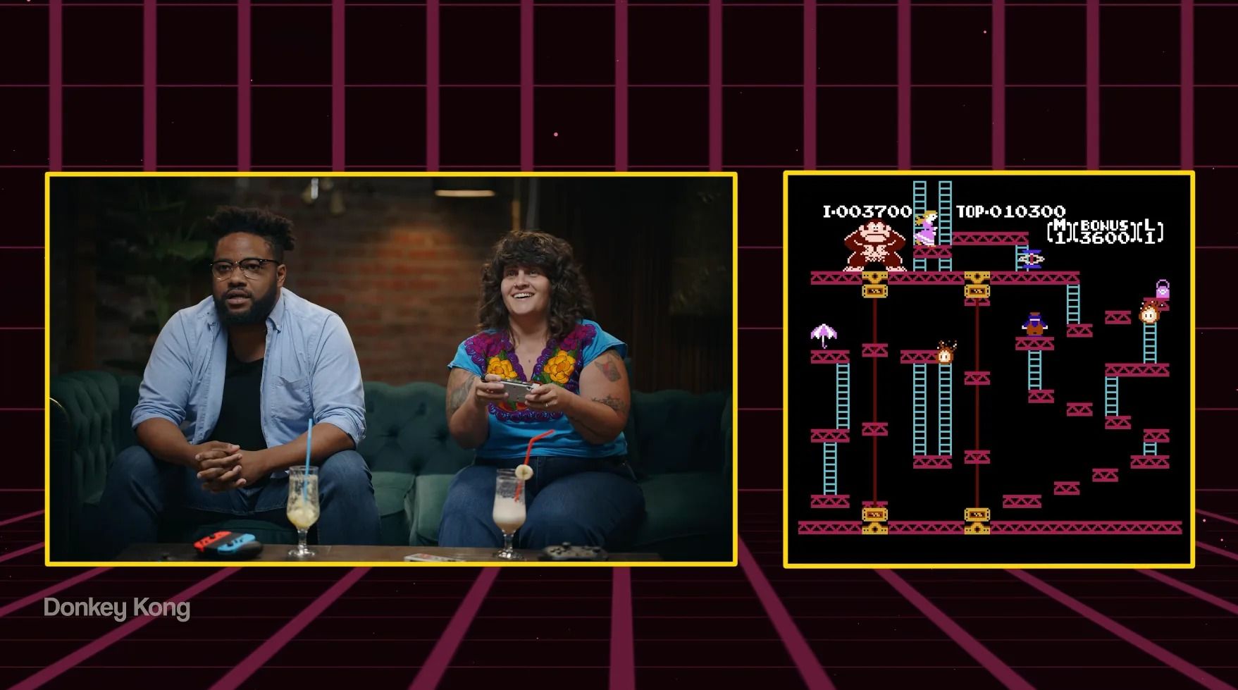 A live stream program feed: two hosts on a sofa beside a Donkey Kong game screen