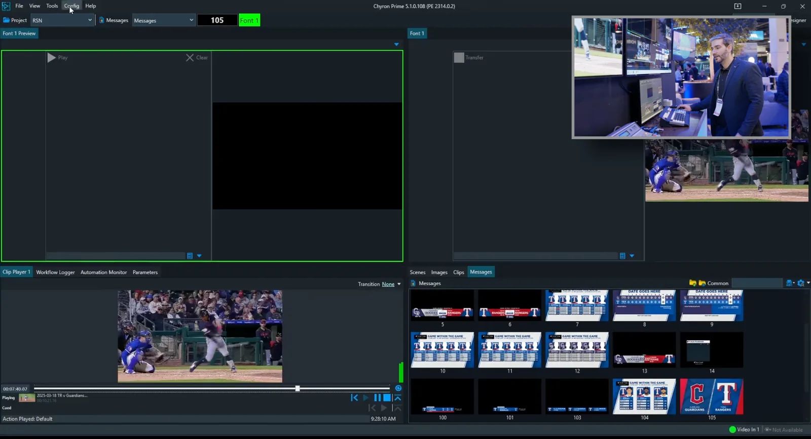 The Chyron Prime graphics software on screen, with the presenter demoing it in a picture-in-picture window