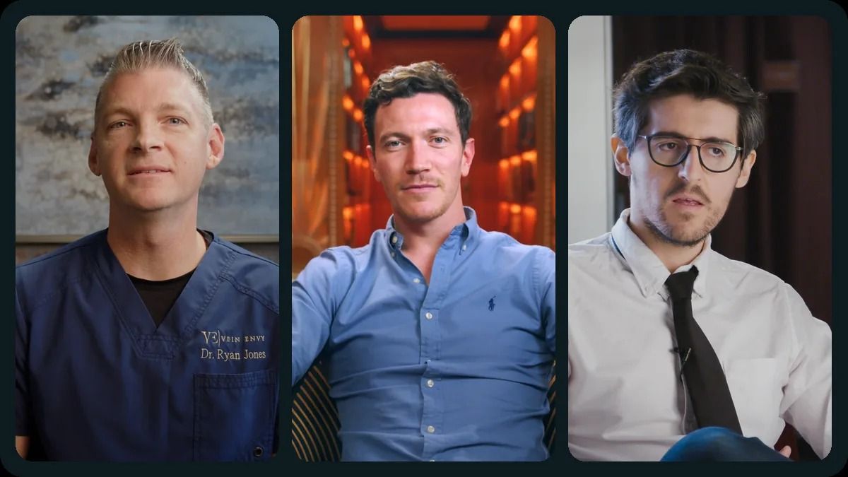 Three vertical interview clips side by side: a doctor in scrubs, a man in a blue shirt in a library and a man in a tie