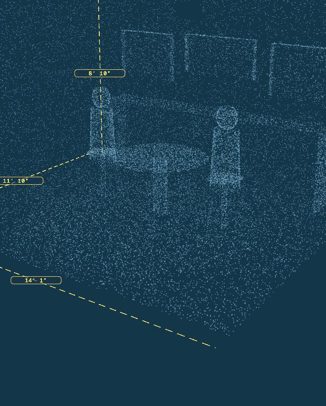 LiDAR point cloud of the empty room, with measured guide lines along the walls and floor