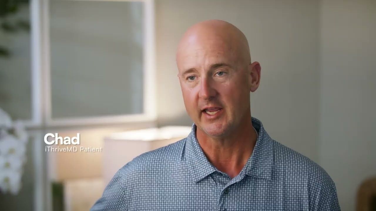 Chad, an iThriveMD patient in a blue polo shirt, talks to camera beside his name caption.