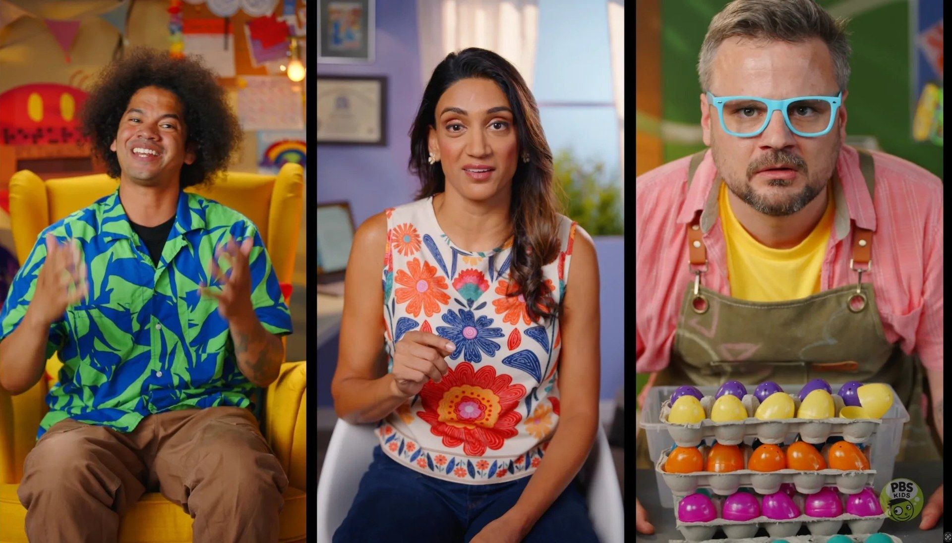 Three PBS KIDS hosts on bright, colorful sets: a man in a tropical shirt, Dr. Mona in a floral top, and a man in an apron holding painted eggs.