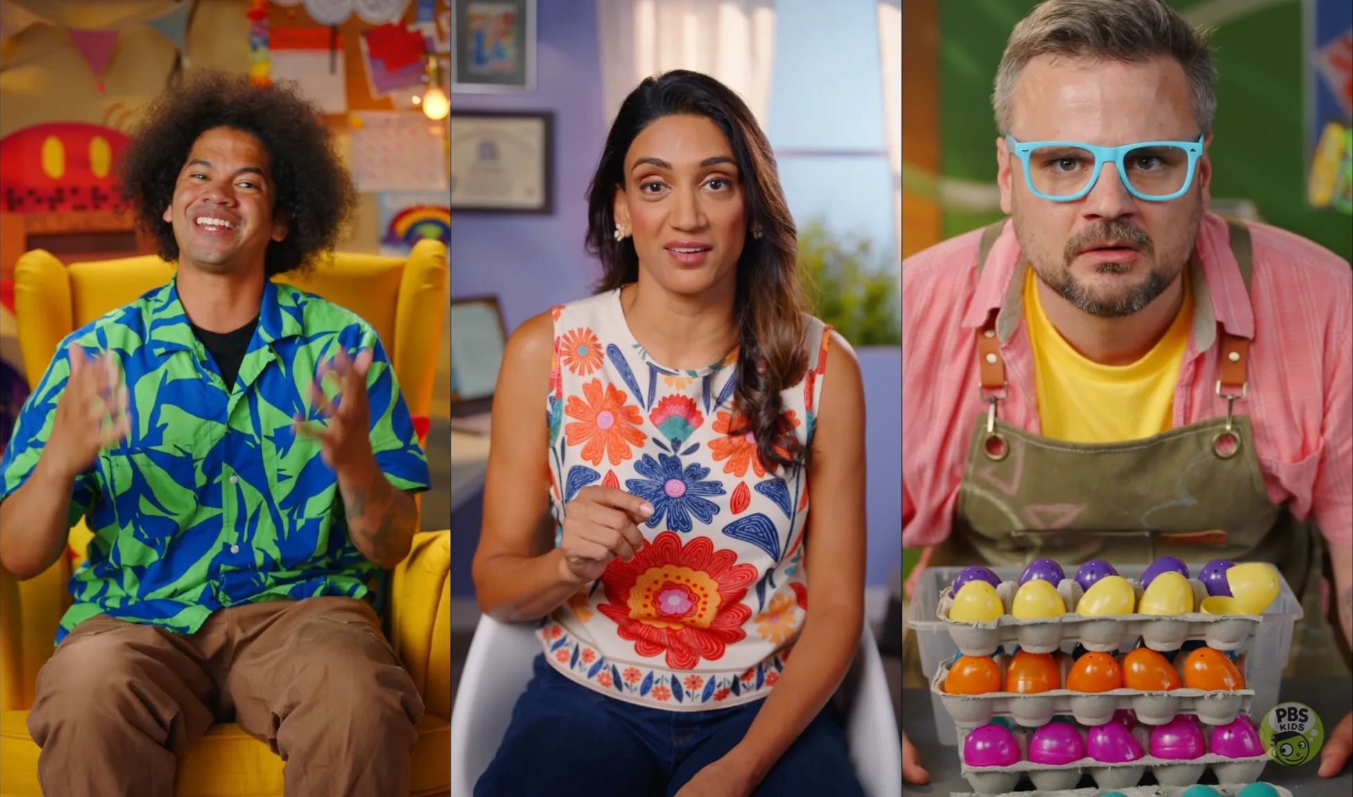 Three hosts on bright PBS KIDS sets, side by side, a man in a yellow armchair, a woman in a floral top and a man holding a tray of colored eggs.