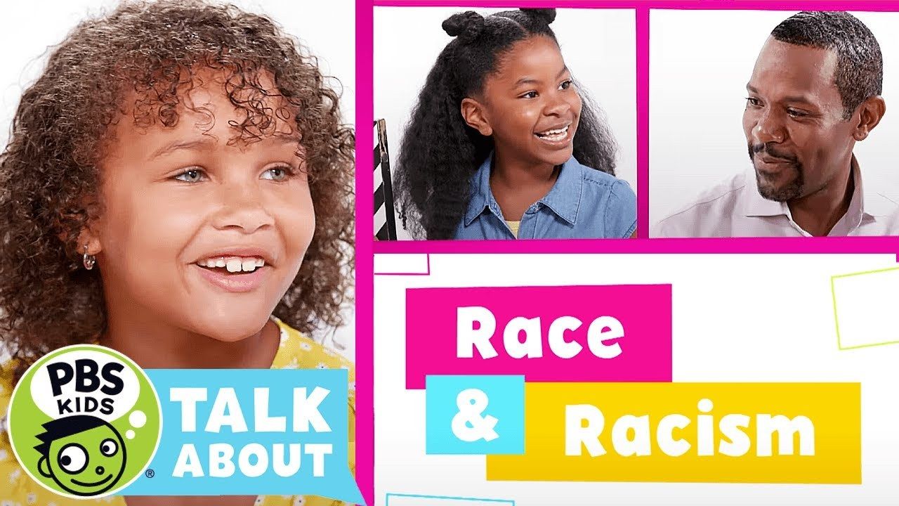 The PBS KIDS Talk About: Race & Racism title card, with a smiling girl, a girl and her father.