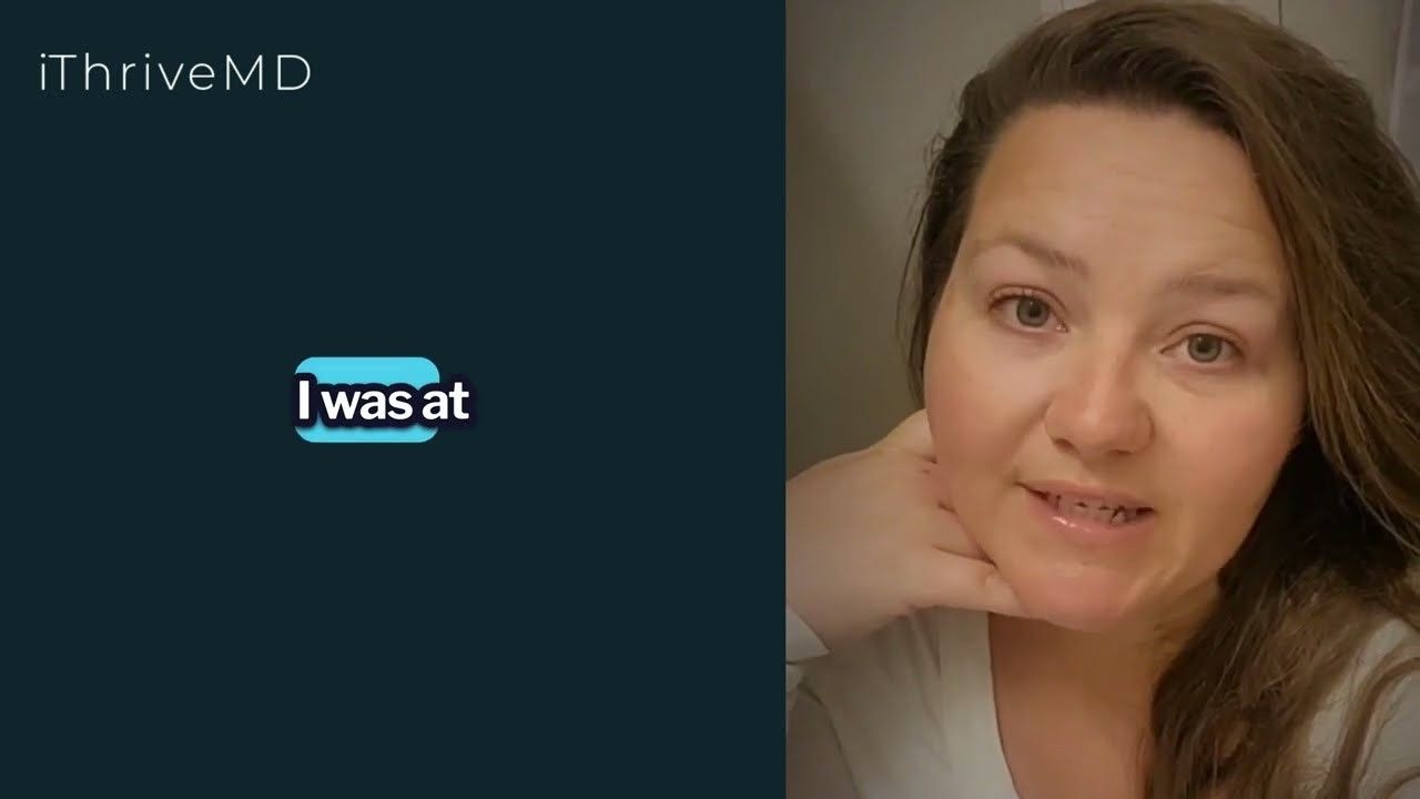 A branded iThriveMD split screen: a woman recording on her phone beside a captioned title card.