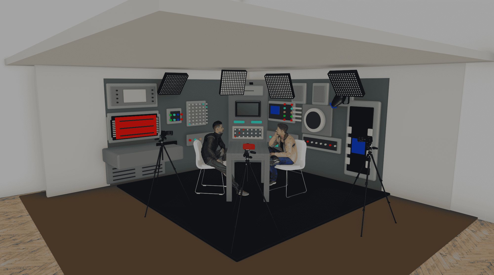 3D render of a retro mission control set, with two people at a table, lights and cameras placed around them
