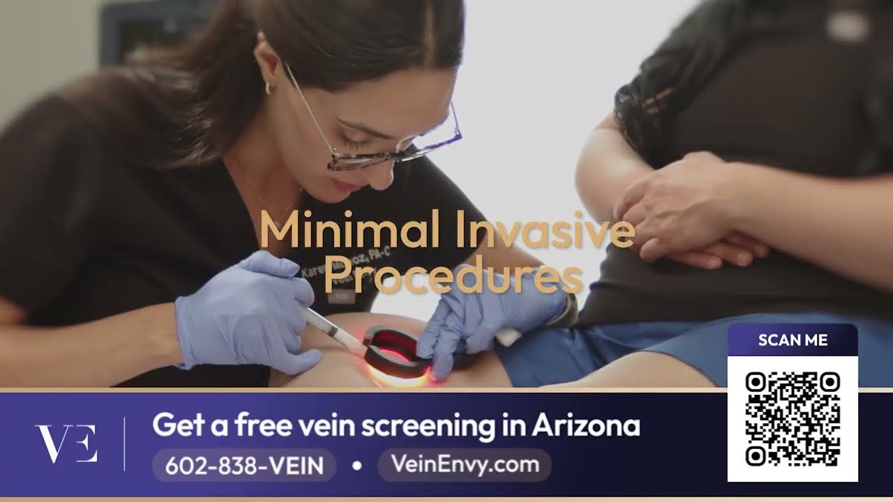 A frame from a Vein Envy TV spot: a clinician in gloves treats a patient’s leg under the words “Minimal Invasive Procedures”.